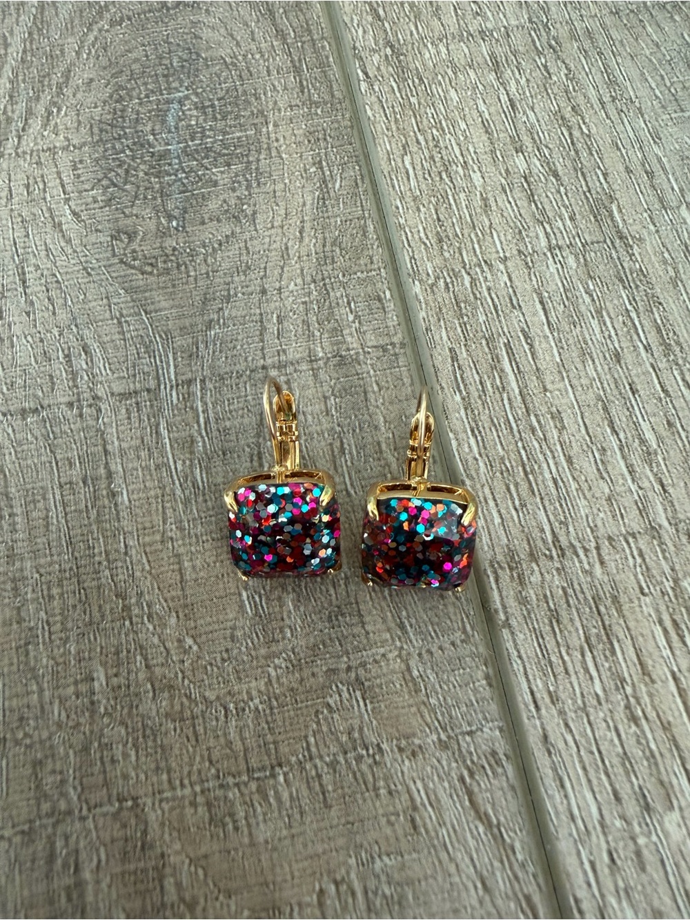 Kate Spade Gold Leverback Earrings with Multicolor Glitter Squares
